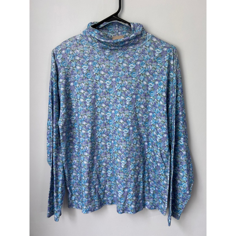 Vintage LL Bean Blue Floral Cotton Turtleneck Mock Neck Top Made in USA Medium